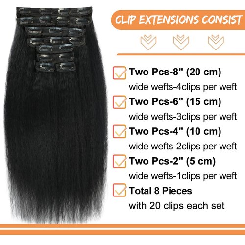Kinky Straight Clip ins 8Pcs 110g 18 Inch Clip in Hair Extensions Real Human Hair Yaki Straight Clipins for Black Women Full Head Brazilian Remy Hair Extensions Double Weft 20 Clips