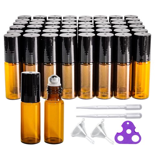 PYAWI 50 PCS 5ml Amber Glass Roller Bottle,Essential Oil Sample Vials with Stainless Steel Roller Ball,Black Caps,for Travel Perfume Cosmetics Small Container(2 Funnels, 2 Dropper, 1 Opener) (5ml)
