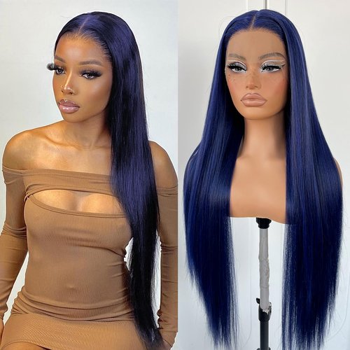 MITIMES Blue Straight HD Lace Front Wig Pre-Plucked Glueless Synthetic Dark Blue Lace Front Wig For Fashion Women Transparent Lace Front Wig For Cosplay Party
