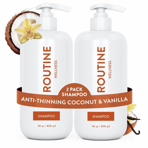 Routine Wellness Anti-Thinning Shampoo for Thinning Hair - Biotin DHT Blocker Women & Men - Color Safe Shampoo for Hair Loss & Healthy Hair - Coconut & Vanilla 14oz (Pack of 2)