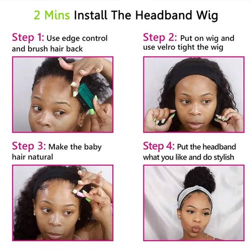 mmiQus Headband Wig Human Hair Water Wave None Lace Front Glueless Curly Wig With Pre-Attached Scarf For Black Women Put And Go Wig Natural Beginner-Friendly 14 Inch