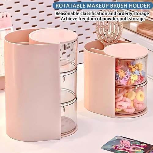 Azurphoric Hair Accessories Organizer with Hair Brush Holder, Rotatable Makeup Brush Holder for Necklaces, Earring, Bracelet, Ring, Makeup Brushes, Hair Clip and Hair Accessories (Pink, 3-Layer)