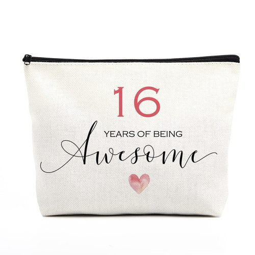 Fkovcdy 16th Birthday Makeup Bag for Girls - Inspirational Sweet 16 Gift for Daughter, Niece - Happy Birthday Decorations - 16 Years of Being Awesome