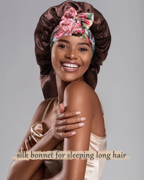 MBJERRY Long Satin Braids Bonnet - Silk Hair Bonnets for Sleeping Stretchy Tie Band for Black Women Elastic Sleep Cap for Curly Hair (Brown)