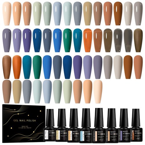 MEET ACROSS Brown Gel Nail Polish Set Nude Gel Polish 26 Colors Grey Blue Purple Roasted Chestnuts Chocolate Series Fall Winter Gel Nail Kit Gift for Women 30Pcs