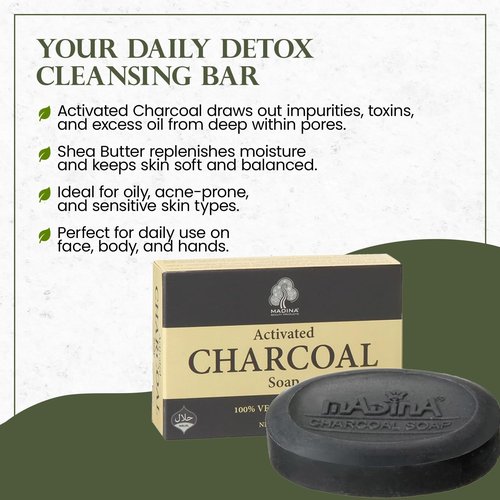 Madina Activated Charcoal Soap Bar – Deep Cleansing, Detoxifying, Oil Control, Acne, 100% Vegetable-Based, Halal, Gentle Face & Body Cleanser, 6 Pack (3.5 oz Each)