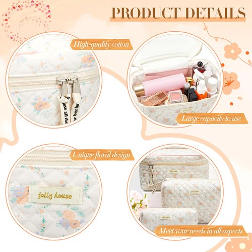 Zeyune 3 Pcs Makeup Bag Quilted Cosmetic Bags Large Floral Makeup Bag Set for Women Cotton Flower Travel Toiletry Storage Cute with Zipper for Women Mom Birthday Gift Home Bathroom(Apricot Peony)
