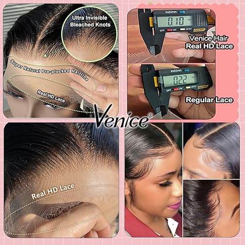 Venice Hair Real HD Lace Closure only 0.10mm Ultra-thin Invisible Crystal HD Lace Pre Plucked with Baby Hair Straight Human Hair Lace Frontal Closure (7x7 HD Body, 18 Inch)