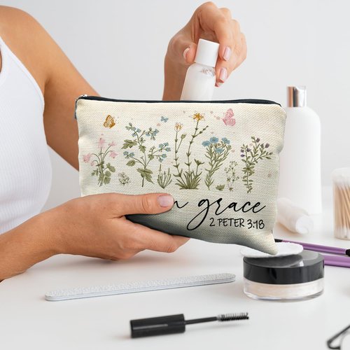 RYYCDOI Christian Floral Makeup Bag Pouch, Grow in Grace 2 Peter 3:18, Religious Christian Gifts for Women, Bible Verse Gifts, Bible Verse Cosmetic bag