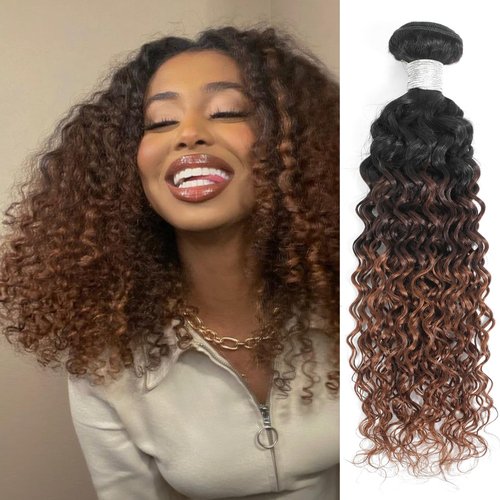 Anmetan 12A Ombre Human Hair Bundles Water Wave, Chestnut Ombre Brown 100% Remy Human Hair Curly Single Bundle Wet and Wavy Thick 3 Tone Colored #T1B/2/30 Dark Roots Keep Soft After Washes 12 Inch