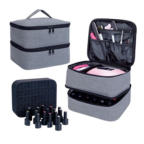 UOZL Nail Polish Organizer, Handheld Double Layer Organizer Holds 30 Bottles (15 ml/0.5 floz) with Adjustable Dividers for Nail Polish Small Manicure Lamp Manicure Tools Essential and Travel,Gray