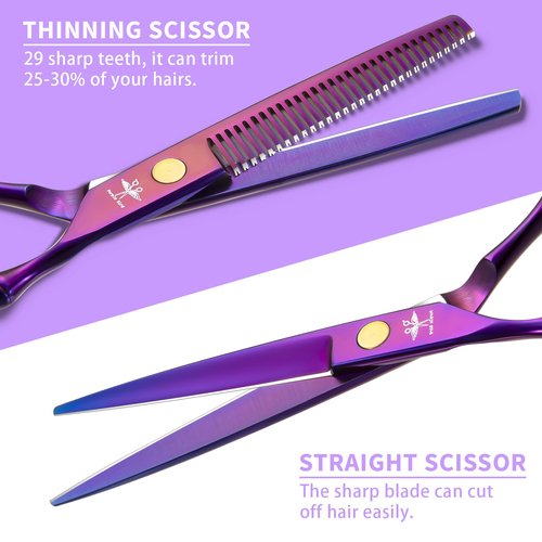 PURPLEBIRD Hair Cutting Kit, Professional Barber Scissors and Thinners Set - Stainless Steel Hair Scissors and 10 Pcs Purple for Men, Women and Pets