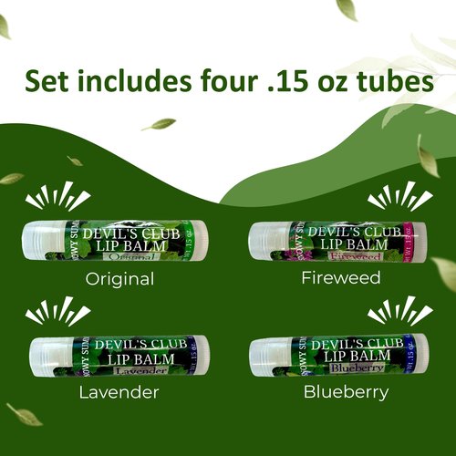 Snowy Summit Devil's Club Lip Balm Set - Contains Fireweed, Lavender, Blueberry - Natural Moisturizing Chapstick with Vitamin E - Handcrafted in Alaska - 4 x .15 oz Tubes for Soft, Smooth Lips