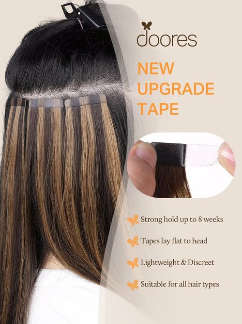 DOORES Hair Extensions Tape in Human Hair Balayage Dark Brown to Chestnut Brown 20pcs 50g 20 Inch Silky Straight Tape in Human Hair Extensions Natural Hair Skin Weft