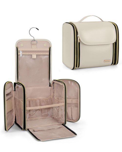 TBTOTRA Hanging Toiletry Bag, PU Leather Makeup Bag Large Capacity with Jewelry Organizer for Brushes Set, Cosmetic Accessories, Beige