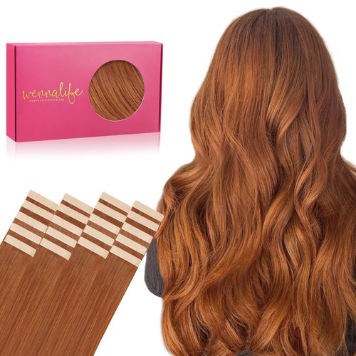 WENNALIFE Tape in Hair Extensions Human Hair, 20pcs 50g 22 inch Dirty Ginger Remy Hair Extensions Straight Human Hair Tape in Extensions Skin Weft Tape Extensions Human Hair