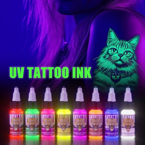 Fluorescent Tattoo Ink Set - Tattoo Inks Pigment Kit, 8 Color 1/2oz 15ml/Bottle Professional Tattoo Fluorescent Ink & Tattoo Equipment for Halloween Supplies
