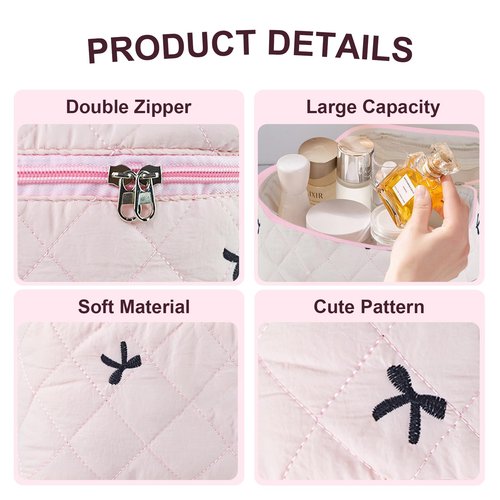 GISMTR 4Pcs Quilted Makeup Bag Set Cute Floral Cosmetic Bag Cotton Coquette Make up Bag Aesthetic Travel Toiletry Bag for Women Girls
