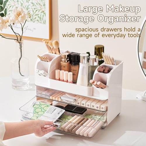 UFORU Makeup Organizer for Vanity with 2 Large Drawers, Cosmetic Display Case with Brush Holders, Easy to Storage for Bathroom Countertop Skincare, Desk Office Supplies, White