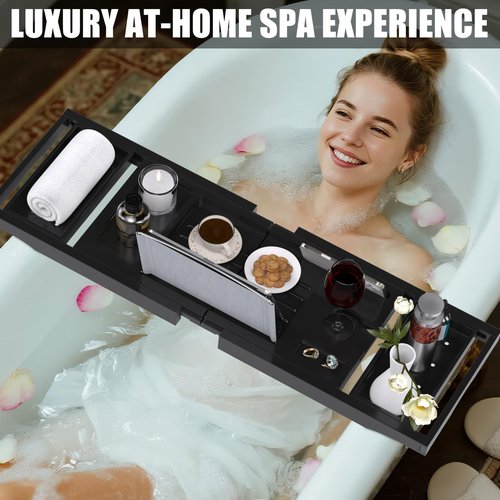 Bathtub Tray Caddy, Expandable Bath Trays for Tub, Bamboo Shelf & Table with Wine Glass Holder,Bathroom Accessories for New Home & Mothers Day & Birthday Gifts for Mom,Black
