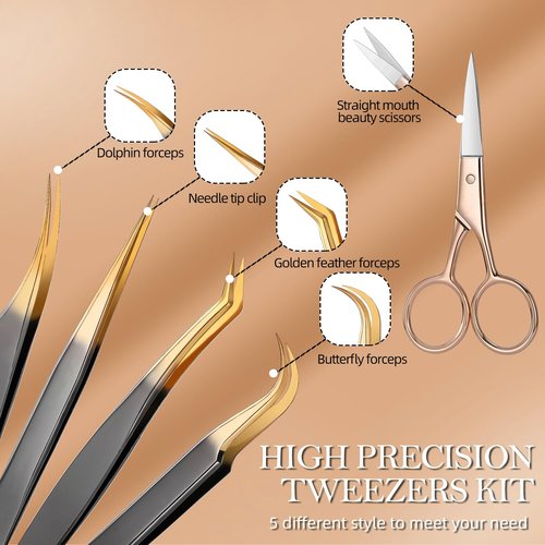 FungChoi 5pcs Eyelash Extension Tweezers, High Precision Lash Tweezers Scissors Set, Straight and Curved Eye Lash Tweezers for Extensions, with Storage Box