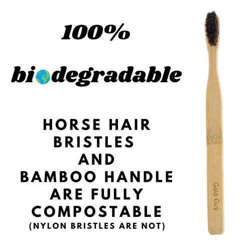 Gaia Guy Soft Natural Bristle Bamboo Toothbrush (NO Nylon - Horsehair ONLY) - Totally Compostable & Biodegradable Soft Horse Hair Bristle and Bamboo Toothbrushes - Zero Waste - 6-Pack