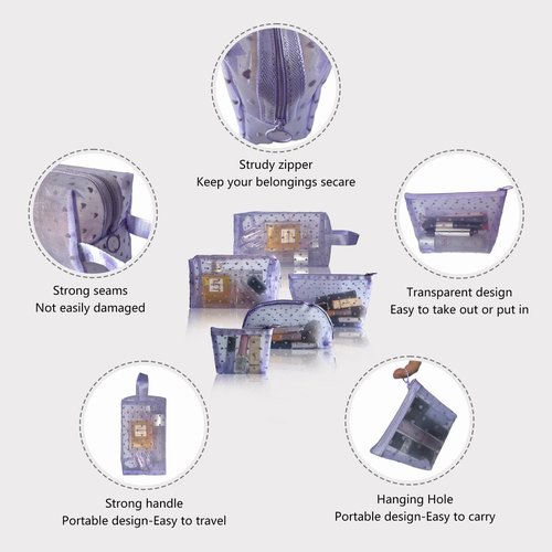 TRAKWAN 5-Piece Heart Printed Mesh Makeup Bag Set, Portable Travel Cosmetic Bags Toiletry Bags Purse Bags Makeup Bags Zipper Mesh Storage Pouches for Home Offices Travel Accessories (Purple)