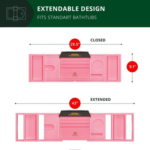 ROYAL CRAFT WOOD Luxury Bathtub Caddy Tray, One or Two Person Bath and Bed Tray, Bonus Free Soap Holder (Pink)