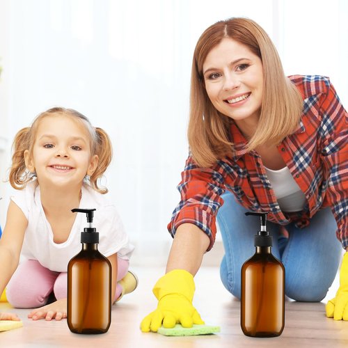 Sliner 6 Pcs Plastic Shampoo and Conditioner Dispenser Bottles 16.9 oz Shower Bottles with Pump 12 Labels and 1 Silicone Funnel Reusable Hand Soap Containers for Bathroom Shower(Amber)