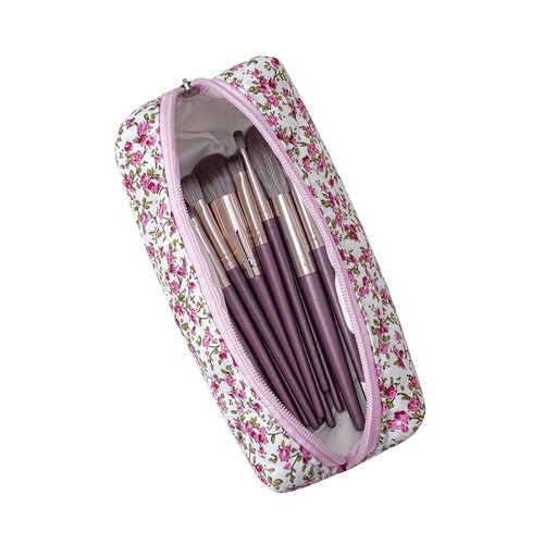 HHQQWZ Cute Floral Cotton Makeup Brush Cosmetic Bag for Women, Travel Quilted Zipper Make Up Bag, Flowers Toiletry Organizer Case Kawaii Makeup Cosmetic Travel Cloth Pouch (Pink+Red Floral)