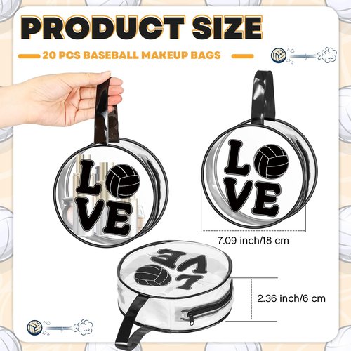 Yeyeplum 20 Pcs Volleyball Gifts Makeup Bag Clear Waterproof PVC Volleyball Cosmetic Bags Travel Toiletry Zipper Pouch Round Portable Sport Cosmetic Case for Women Girls Team Gift Party Favors