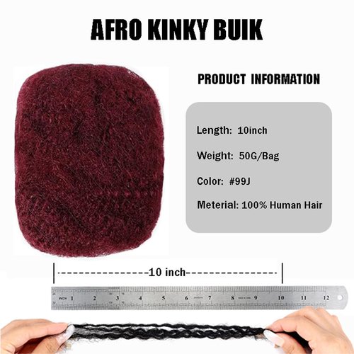 Afro Kinkys Bulk Human Hair 100% Human Hair for Black Women/Men Dreadlock Extensions Repair Locs Twists and Braids 1 Pack 50 Gram(10 Inch 99J 1 Bundles/Package)