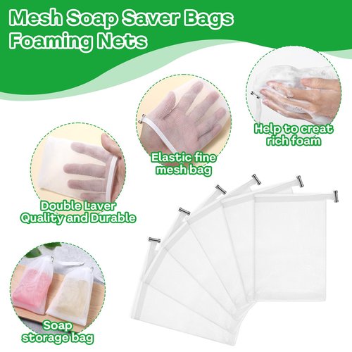 6 PCS Exfoliating Mesh Soap Pouch Soft Soap Bag with Drawstring for Shower Double Layer Thicken Foam Net Bubble Foam Net Soap Sack Saver Pouch, White