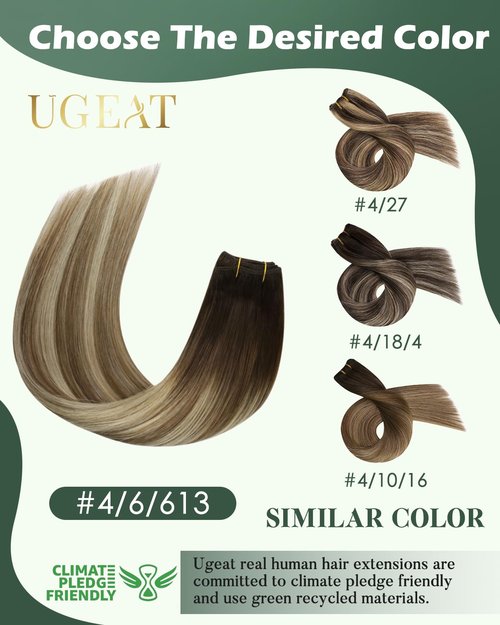 Ugeat Sew in Hair Extensions Balayage Chocolate Brown Invisible Weft Hair Extensions Human Hair Ombre Medium Brown Mix Light Blonde Double Weft Short Straight Remy Hair 14 Inch 80G
