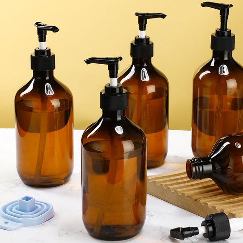 Sliner 6 Pcs Plastic Shampoo and Conditioner Dispenser Bottles 16.9 oz Shower Bottles with Pump 12 Labels and 1 Silicone Funnel Reusable Hand Soap Containers for Bathroom Shower(Amber)