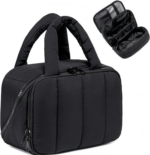 CAMTOP Travel Toiletry Bag for Women Travel Toiletry Organizer Lightweight Large Wide-open Makeup Bag Large Capacity Qulited Cosmetic Bag Puffy for Essentials Organizer (Black)
