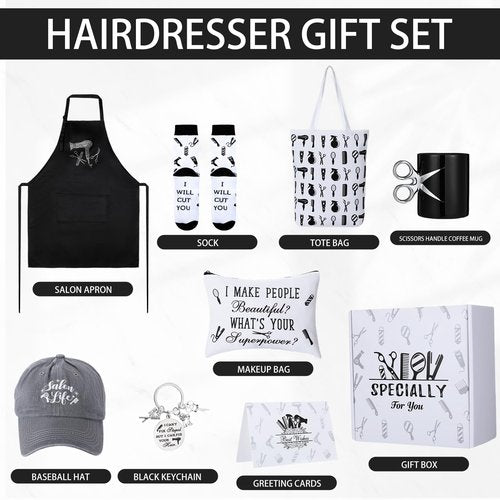 Blosssound 9 Pcs Hairdresser Gifts Set Hair Stylist Gifts with Socks Keychain Scissors Coffee Mug and Apron Makeup Bag Cards Inspirational Graduation Gift Salon Present for Hairdresser