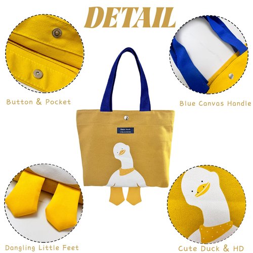 Kovewon Small Canvas Tote Bag for Women Cute Mini Duck Book Tote Bag Preppy Yellow Reusable Bags for Grocery, Essentials, Water Bottle, Keys, Book, Bible