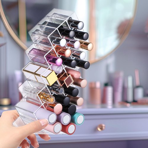 wutfuooo 3 Pack Clear Lipstick Organier, Acrylic Lipstick Holder 28 Slots, Lip Gloss Organier, Stackable Fish Shape Lipstick Tower, Lipstick Display Case for Lipstick