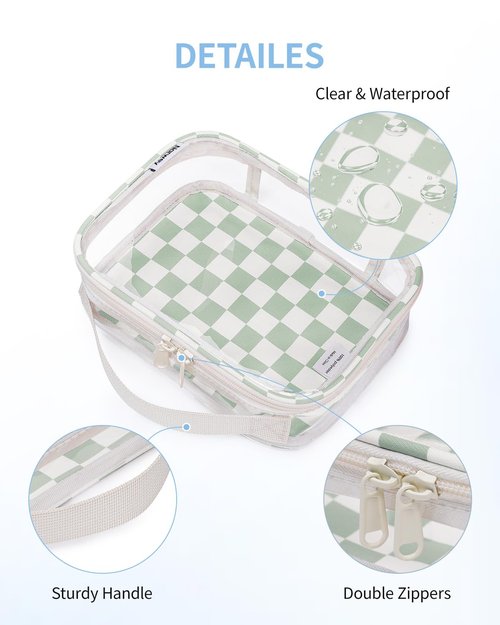 Narwey TSA Approved Clear Toiletry Bag for Travel, Waterproof PVC Clear Makeup Bags, Portable Compact Cosmetic Bag Make Up Organizer, Airport Airline Quart Size Compliant Bag (Mint Green Checkerboard)