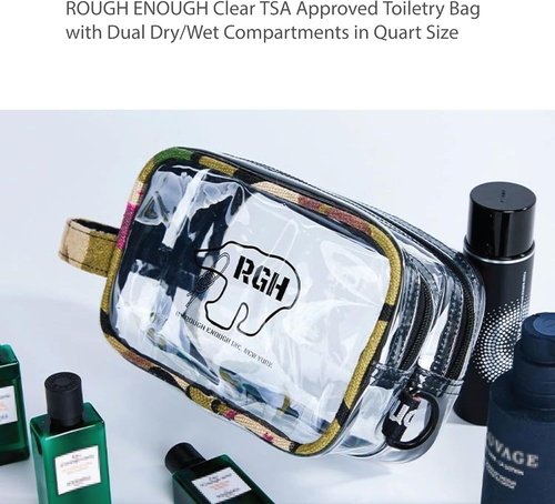 Rough Enough TSA Approved Clear Toiletry for Women Cosmetic Men Shaving Kit Bag Organizer Carry On Travel Essentials with Dry Wet 2 Compartments Quart Size Camo