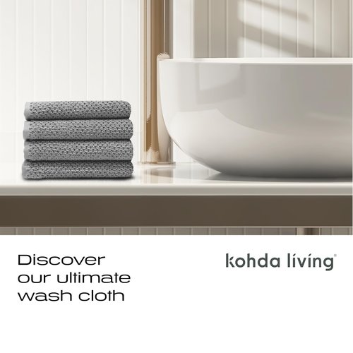 KOHDA LIVING Luxury Washcloths for Face – Wash Cloths for Bathroom, Silver Infused, Thick & Soft Face Towels – Premium Luxury Wash Cloths for Your Face, Body, or Bathroom – 4 Pack (Gray)