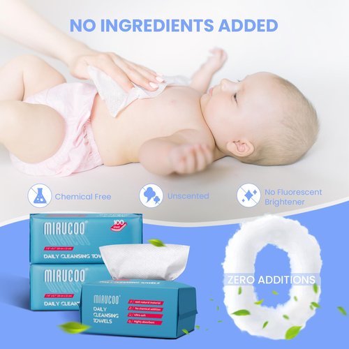 Mirucoo 100 Sheet Daily Cleansing Towels Ultra Soft Dry Wipes for Sensitive Skin Disposable Facial Washcloths 100% Organic Viscose (Pack of 3)