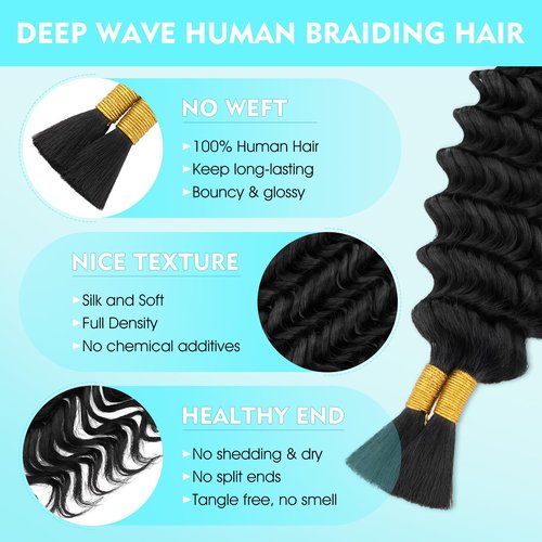 S-noilite Human Braiding Hair for Boho Braids 100% Unprocessed Brazilian Virgin Bulk Hair 2 Bundles/Pack 100 16 Inch Deep Wave Bundles Human Hair for Bohemian Knotless Braids No Weft #1B