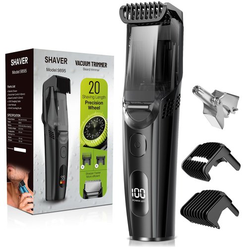 FERRISA Vacuum Beard Trimmer for Men, Rechargeable Mustache Trimmer for Men with Adjustable Length Comb, Cordless Electric Mens Beard Trimmer with Built-in Vacuum for Mustache, Sideburns