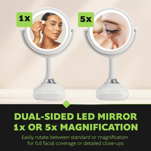 Homewerks 76-101-BT 7.5-inch Personal Makeup Mirror with Bluetooth Speakers and LED Lighting, Handheld Bluetooth Vanity Mirror with Lights for Bathrooms, Bedrooms, or Dorm Room Essentials