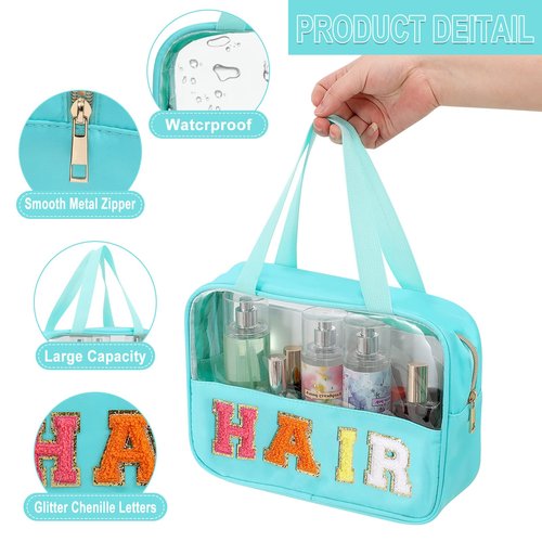 Chenille Letter Patch Clear Bag,Preppy Multi-purpose PVC&Nylon Clear Makeup Bag with Handles,Large Travel Makeup Toiletry Storage Zipper Pouch, Tote Bag for Women (Mint-HAIR)