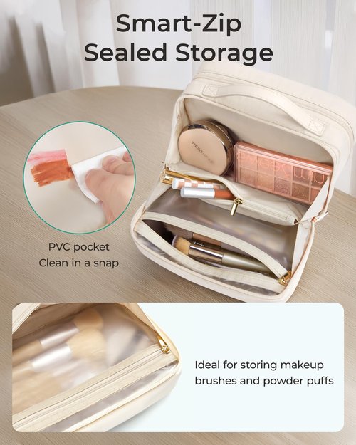 BAGSMART Travel Makeup Bag, Make Up Bag with Multiple Compartments for Organizer, Durable & Compact Cosmetic Organizer for Women for Travel Accessories (Beige)