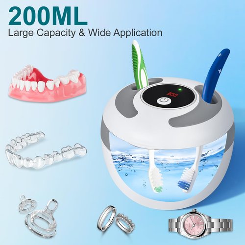 Hossili Ultrasonic Retainer Cleaner Machine, 45kHz 200ML Dental Cleaning Pod with 4 Wash Modes, Digital Timer for Denture Cleaner, Aligners, Mouth Guards, Braces, Jewelry & Toothbrush Heads (White)