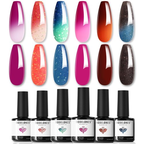 modelones Color Changing Gel Nail Polish Set 6 Colors, Sheer Pink Glitter Temperature Mood Changing Blue Green Orange Gel Polish Soak Off Nail Art Design Kit Manicure Salon DIY Gift